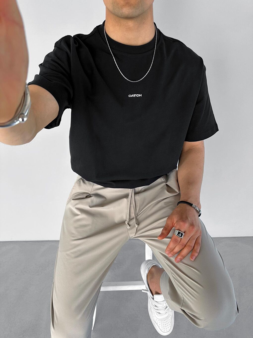 Erkek Oversize Neon Kabartma Baskı Dokulu Tişört Siyah-1