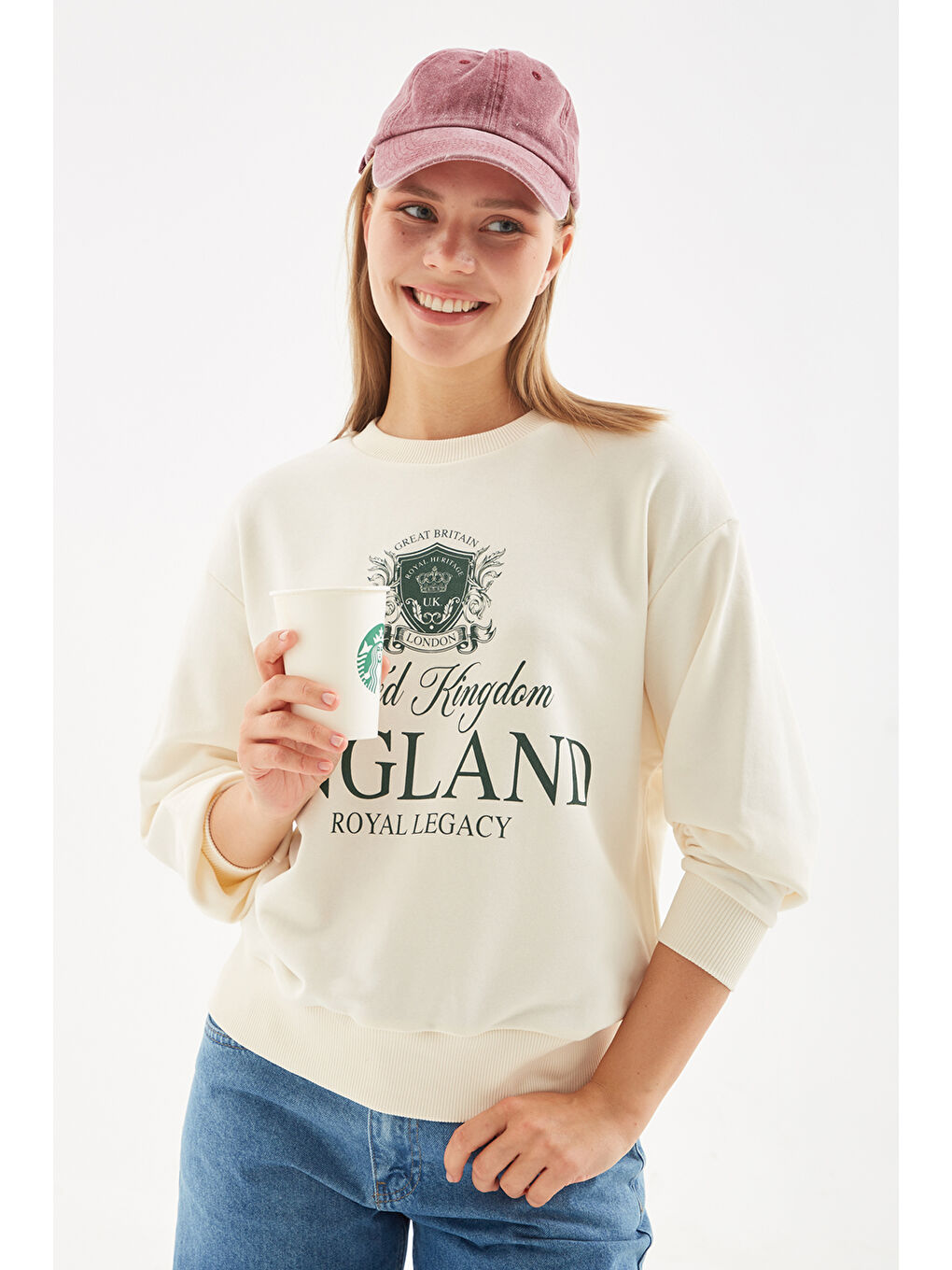 Fashion Friends Ekru Pamuk Karışımlı Oversize Bisiklet Yaka Baskılı Kadın Sweat 24K0142K1 - 5