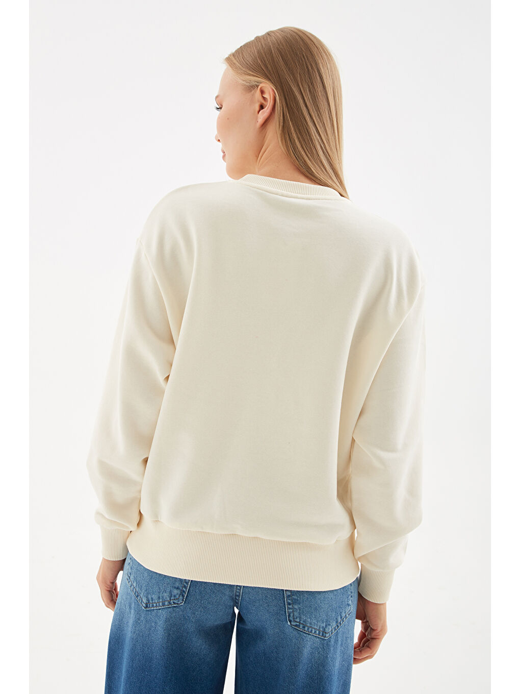 Fashion Friends Ekru Pamuk Karışımlı Oversize Bisiklet Yaka Baskılı Kadın Sweat 24K0142K1 - 6