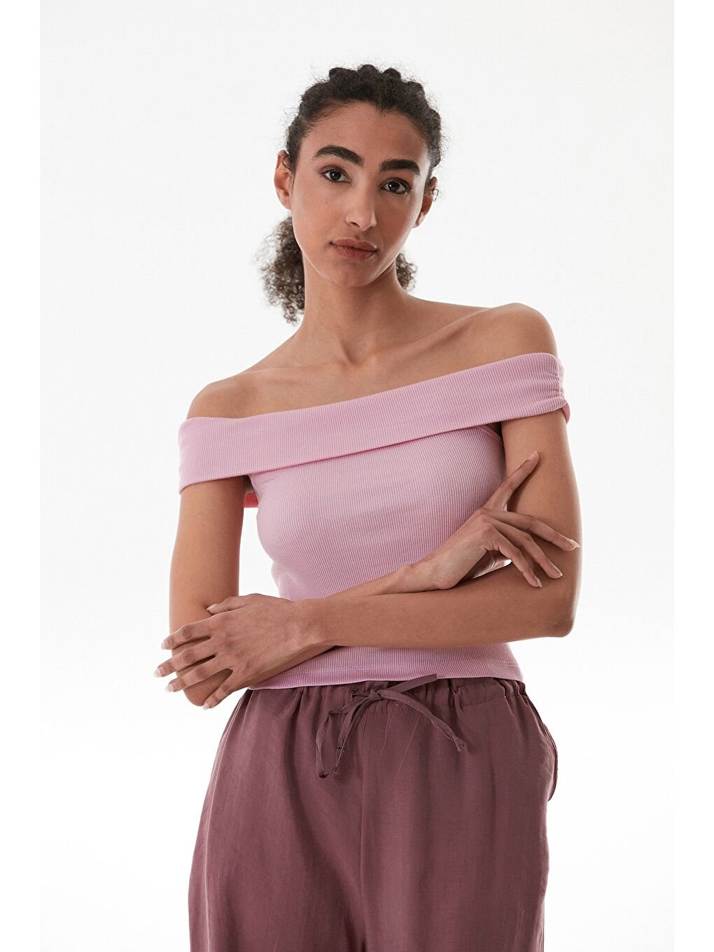 Pembe Basic Madonna Yaka Modal Bluz-2