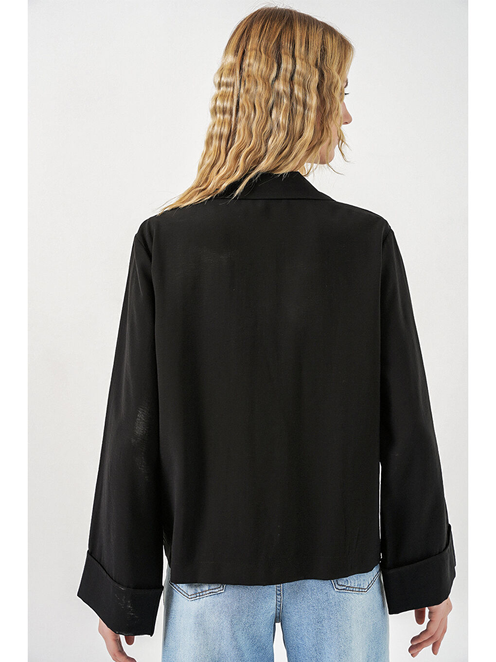 Kadın Kruvaze Yaka Oversize Ceket 0747 - Siyah-4