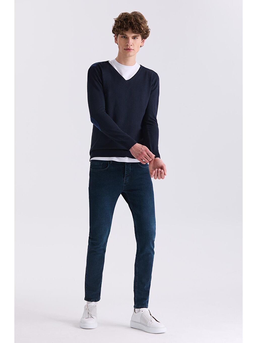 Lacivert Slim Fit V Yaka Triko Kazak-1