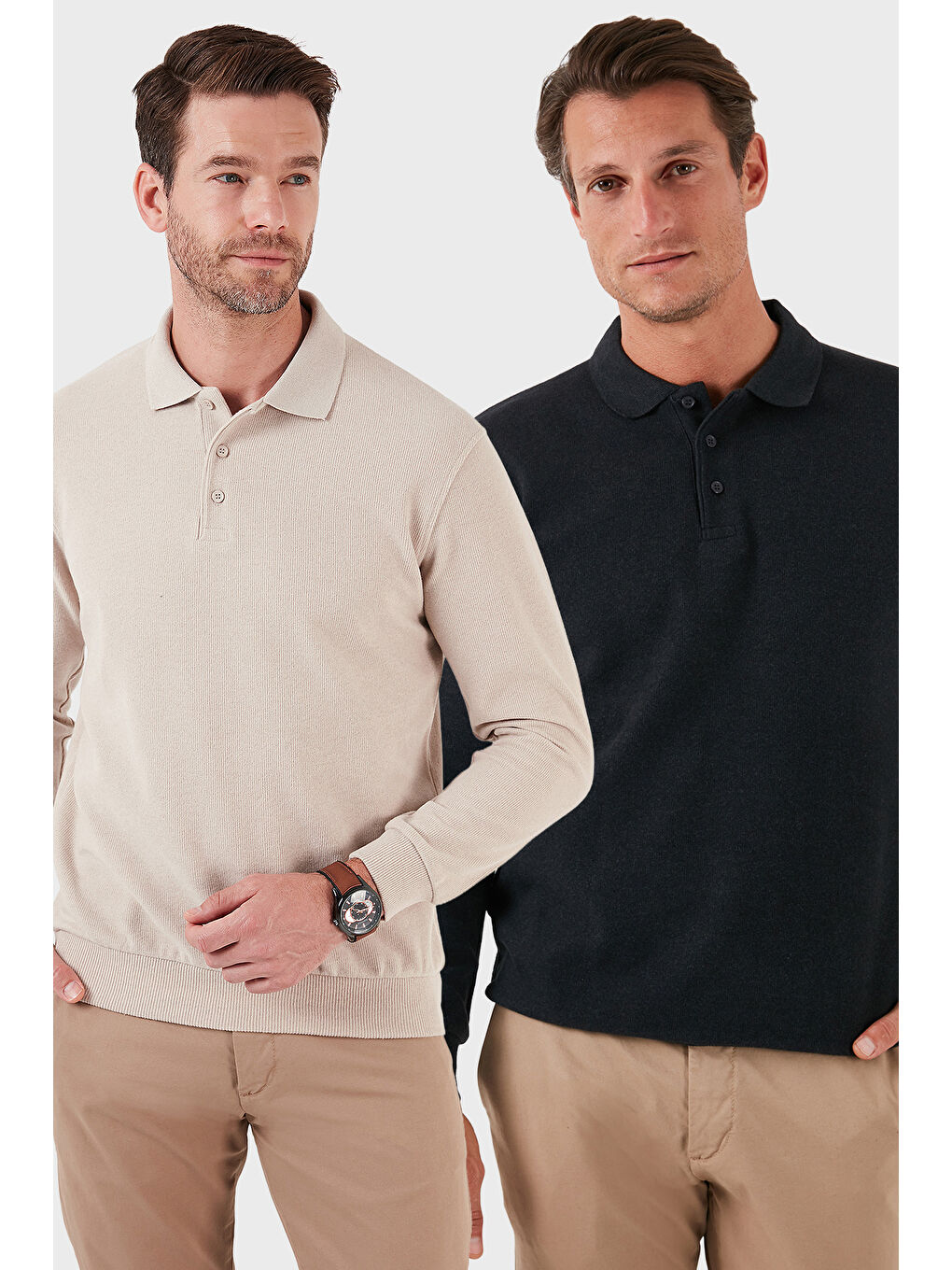 Bej Pamuk Karışımlı Regular Fit 2'li Paket Polo Yaka Kazak 456223S2