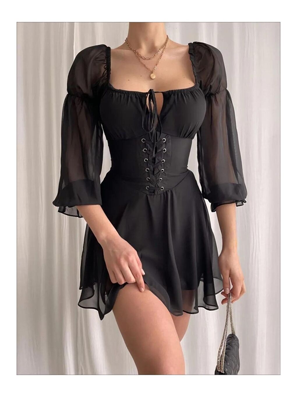 Siyah Kadın Beli Korse Detaylı Şifon Yazlık Elbise