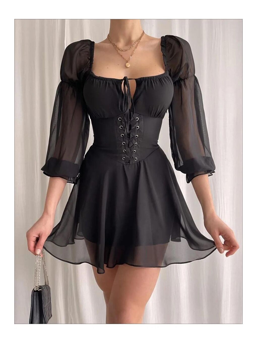 Siyah Kadın Beli Korse Detaylı Şifon Yazlık Elbise-1