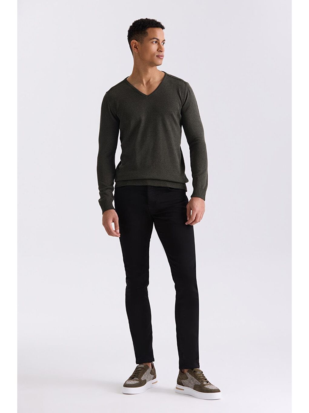 Haki Slim Fit V Yaka Triko Kazak-1