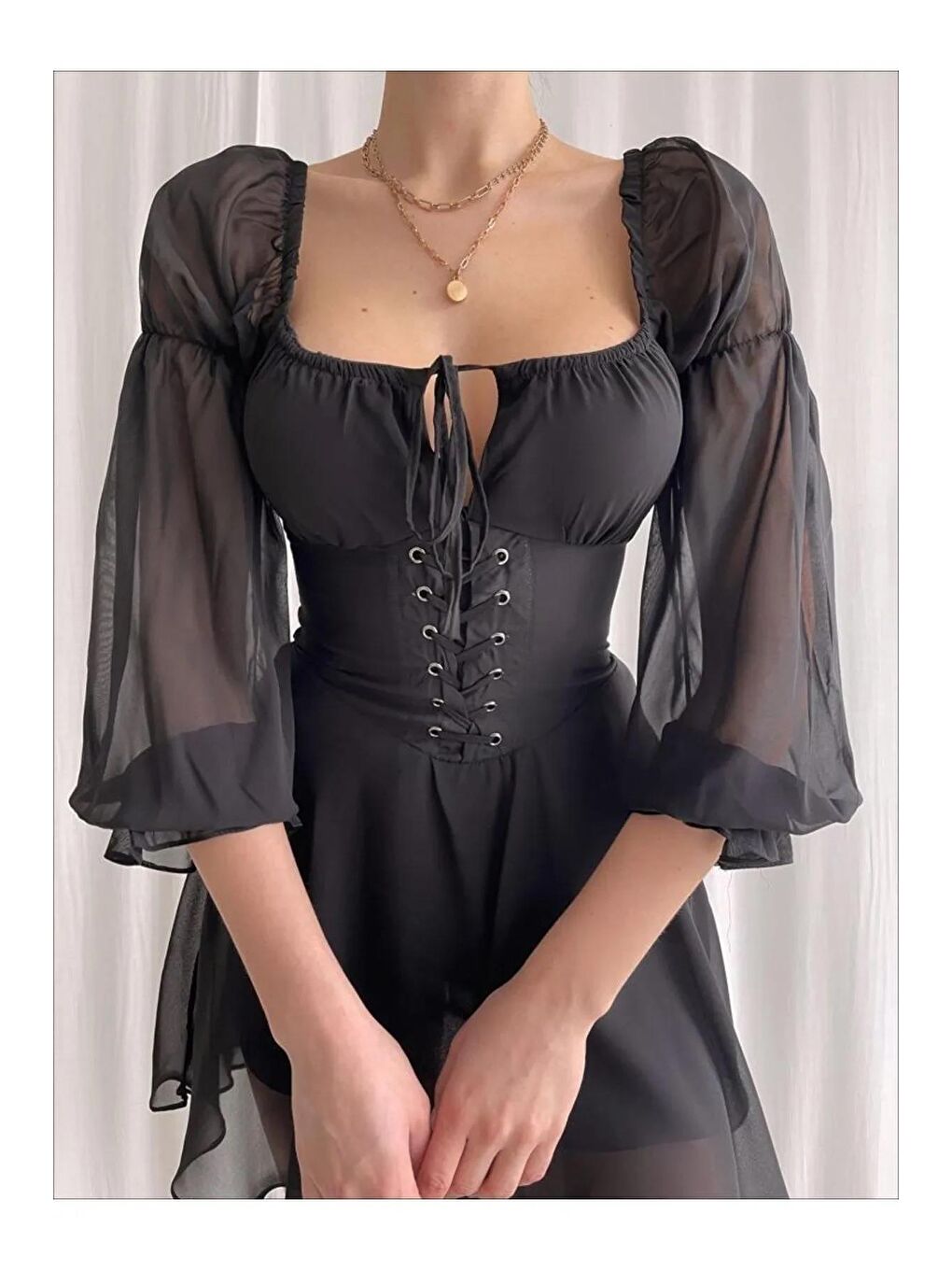 Siyah Kadın Beli Korse Detaylı Şifon Yazlık Elbise-2