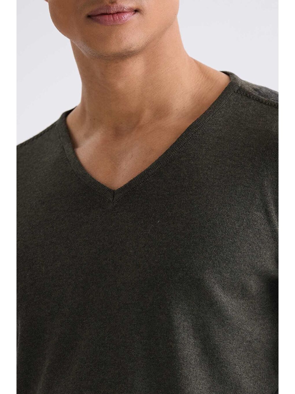 Haki Slim Fit V Yaka Triko Kazak-2