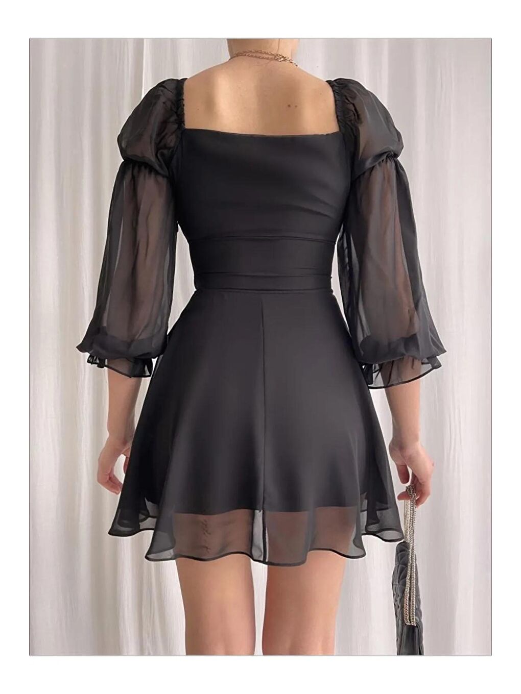 Siyah Kadın Beli Korse Detaylı Şifon Yazlık Elbise-3