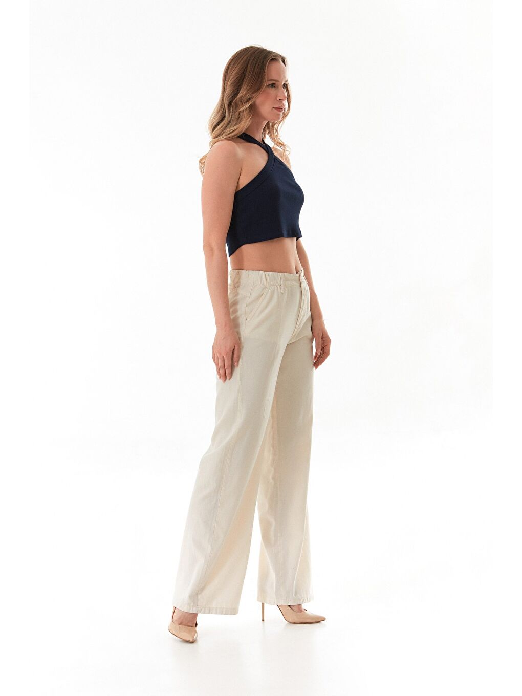 Bej Beli Lastikli Düğmeli Lyocell Kumaş Pantolon-1