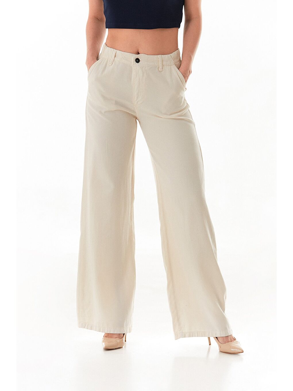 Bej Beli Lastikli Düğmeli Lyocell Kumaş Pantolon-2