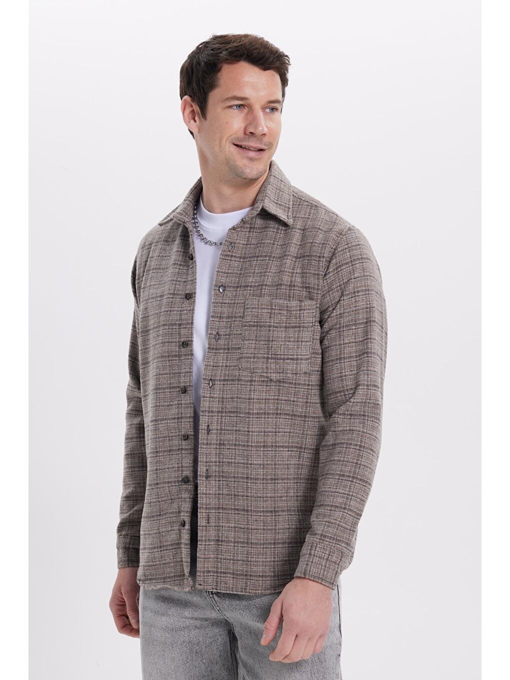 Kahverengi Erkek Klasik Fit Rahat Kesim Kışlık Kareli Oduncu Gömlek-1