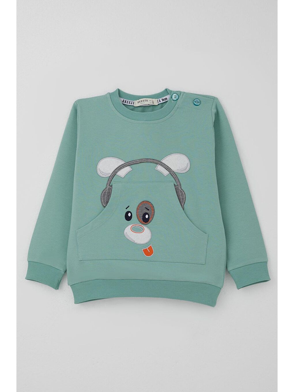 Turkuaz Erkek Bebek Eşofman Takımı Kulaklıklı Köpekçik Nakışlı Su Yeşili (9 Ay-3 Yaş)-1