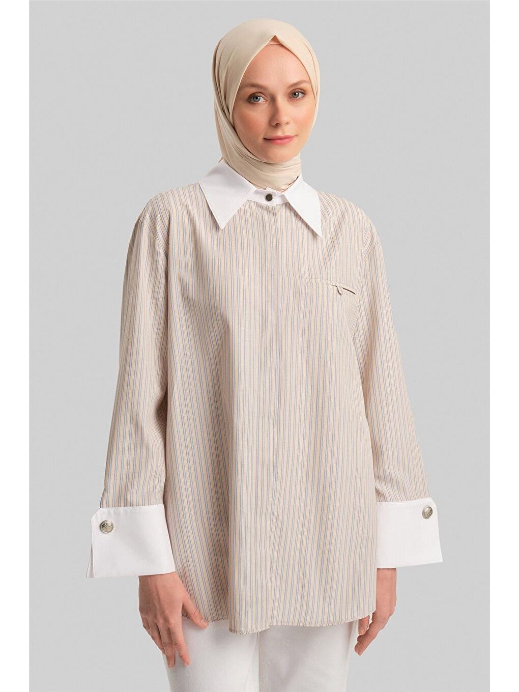 Kahverengi Kalın Manşetli Çizgili Poplin Gömlek 24Y3554 Camel