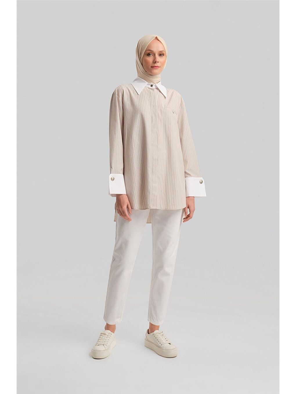 Kahverengi Kalın Manşetli Çizgili Poplin Gömlek 24Y3554 Camel-1