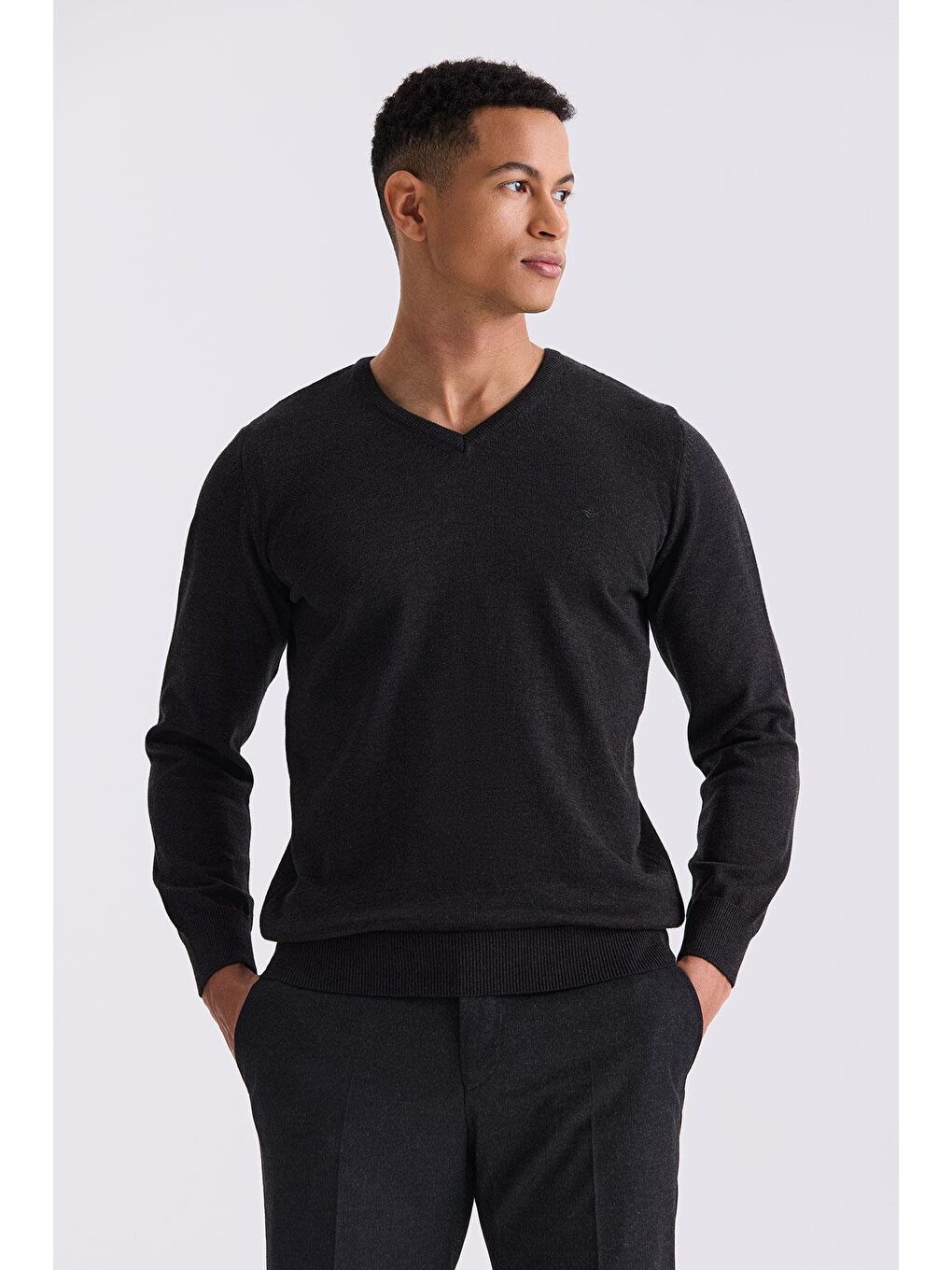 Antrasit Slim Fit V Yaka Triko Kazak