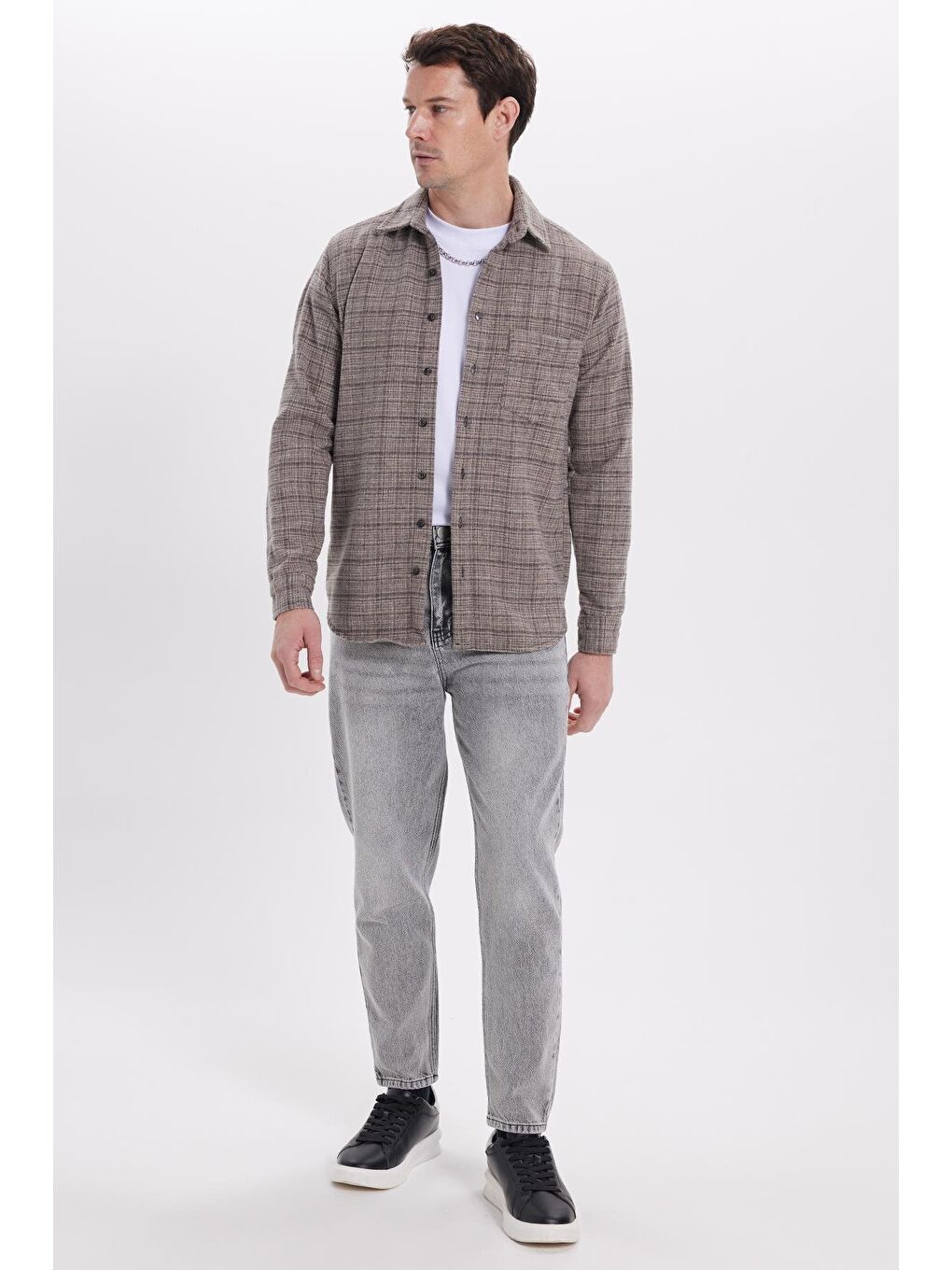 Kahverengi Erkek Klasik Fit Rahat Kesim Kışlık Kareli Oduncu Gömlek-3