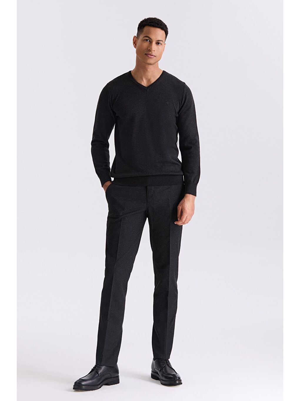 Antrasit Slim Fit V Yaka Triko Kazak-1