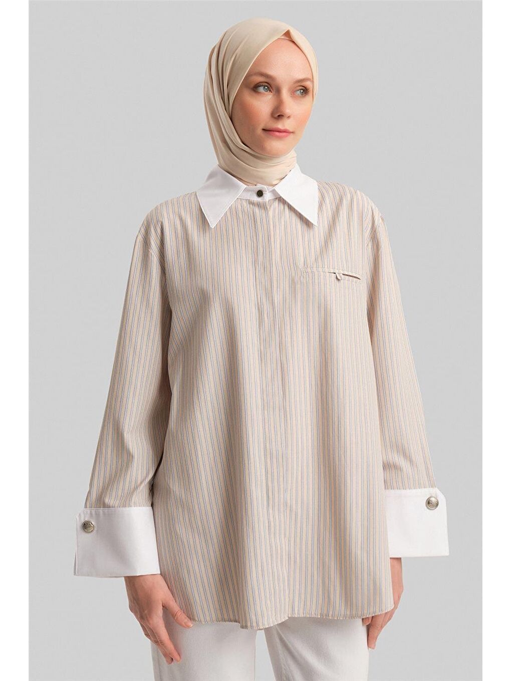 Kahverengi Kalın Manşetli Çizgili Poplin Gömlek 24Y3554 Camel-2