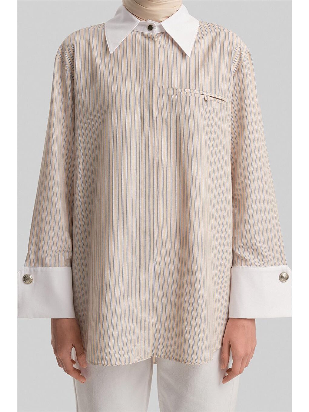 Kahverengi Kalın Manşetli Çizgili Poplin Gömlek 24Y3554 Camel-3