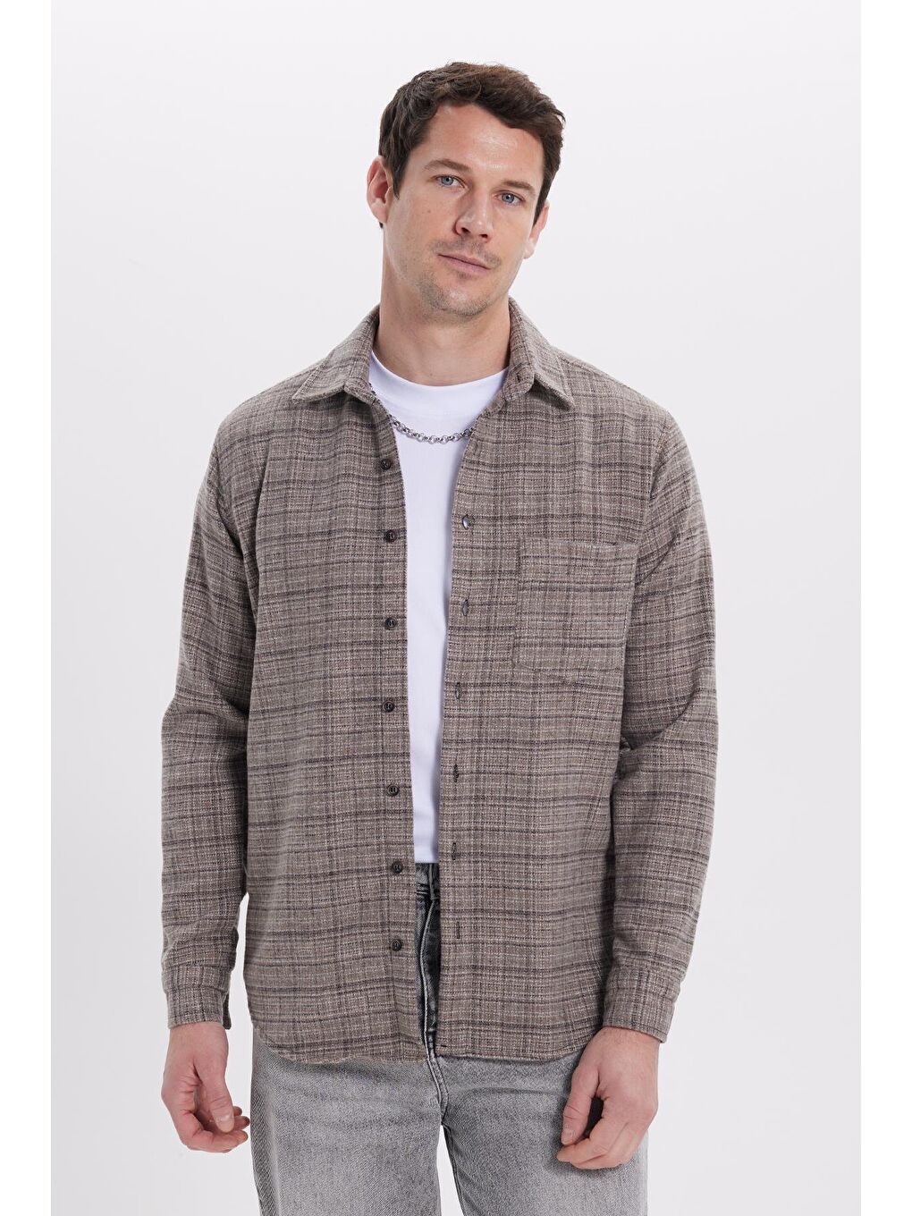 Kahverengi Erkek Klasik Fit Rahat Kesim Kışlık Kareli Oduncu Gömlek-4