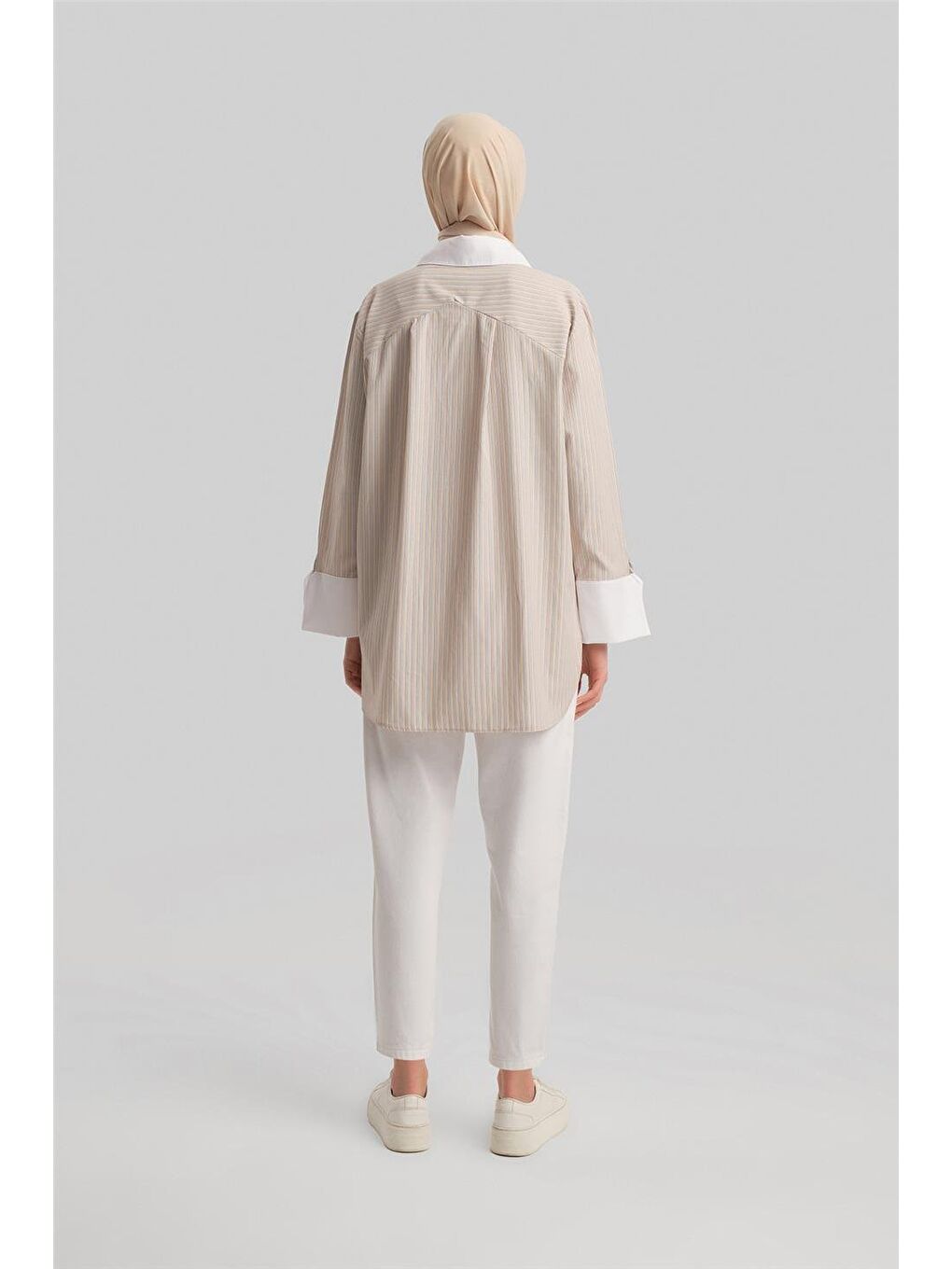 Kahverengi Kalın Manşetli Çizgili Poplin Gömlek 24Y3554 Camel-4