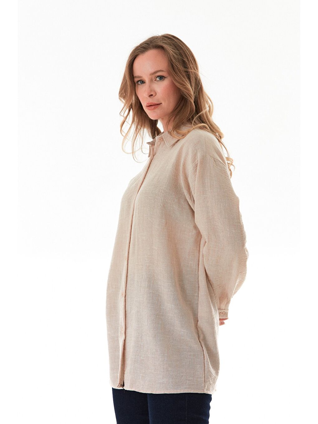 Bej Kırçıllı Düğmeli Oversize Gömlek-2