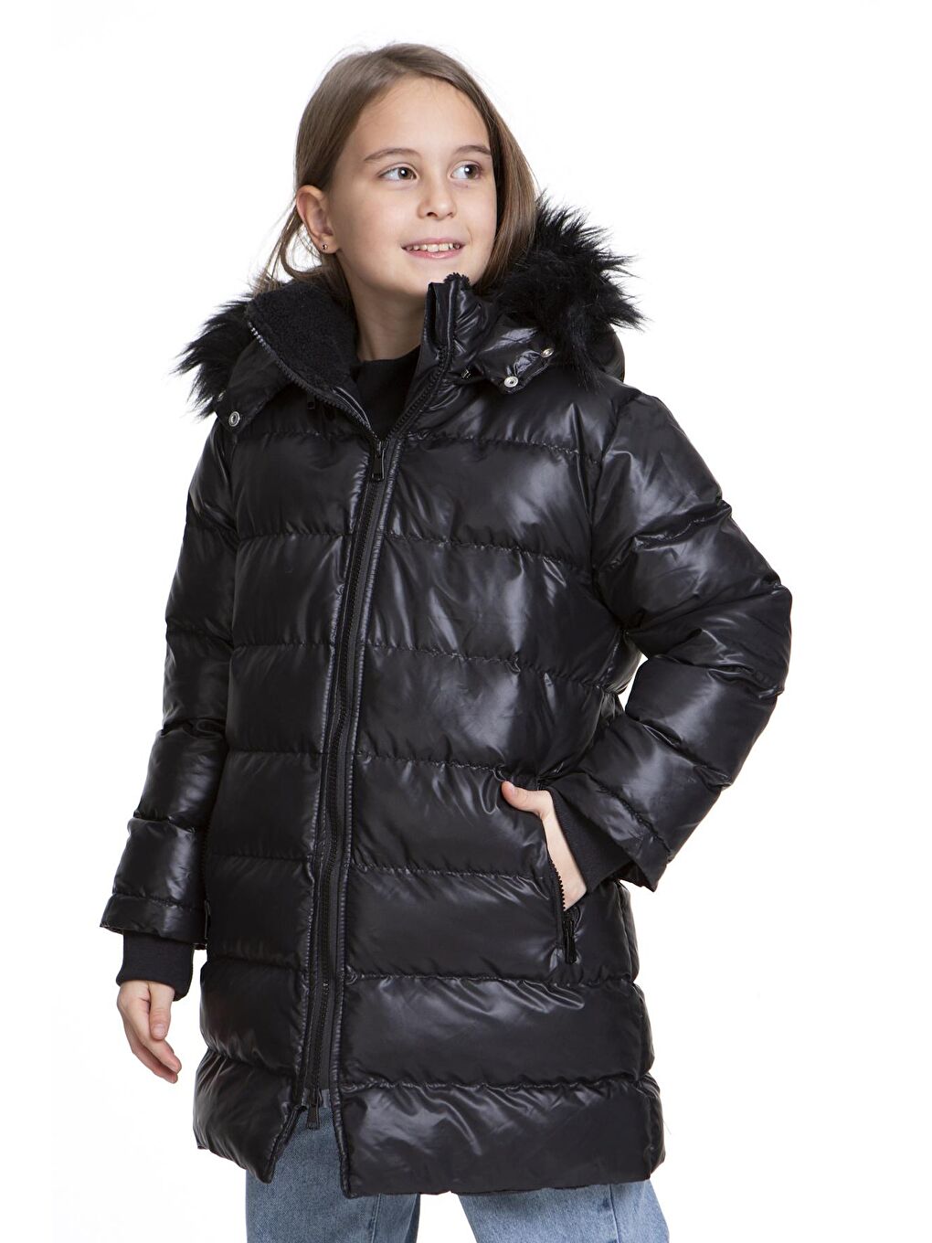 Siyah Kız Çocuk Kürklü Welsoftlu Peluş Trend Şişme Mont Ak2508