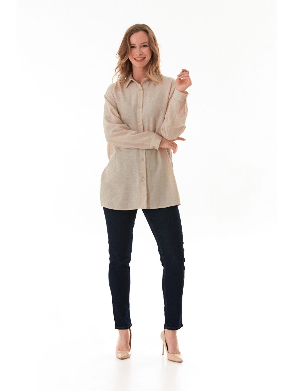 Bej Kırçıllı Düğmeli Oversize Gömlek-3