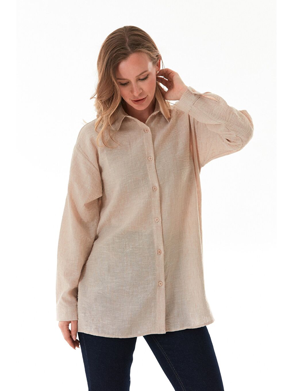 Bej Kırçıllı Düğmeli Oversize Gömlek-4