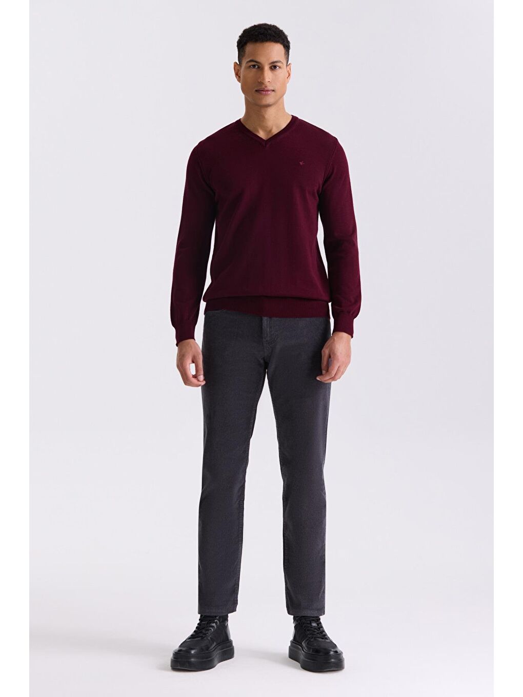 Bordo Slim Fit V Yaka Triko Kazak-1