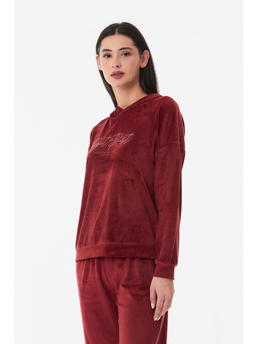 Fullamoda Bordo Baskılı Kadife Pijama Takımı - 1