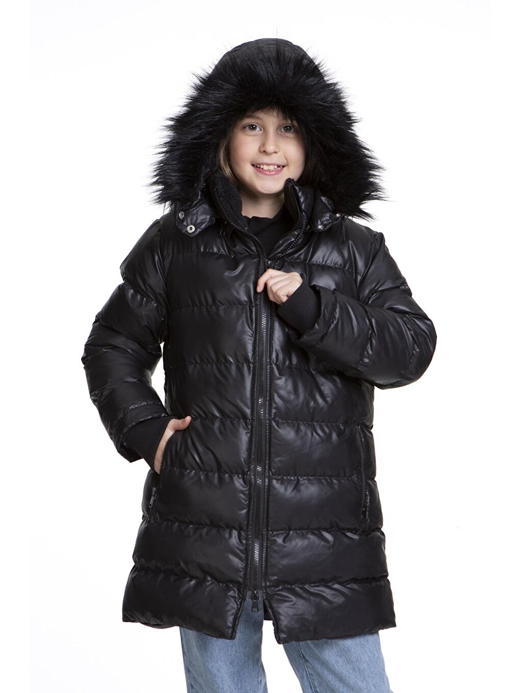 Siyah Kız Çocuk Kürklü Welsoftlu Peluş Trend Şişme Mont Ak2508-1