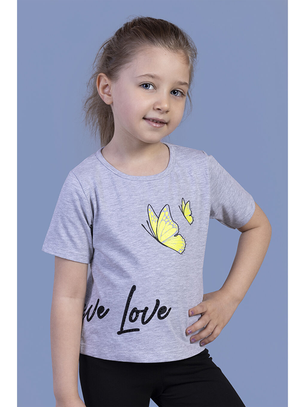 Gri Kız Çocuk Kelebek Baskılı Taş İşlemeli Tişört