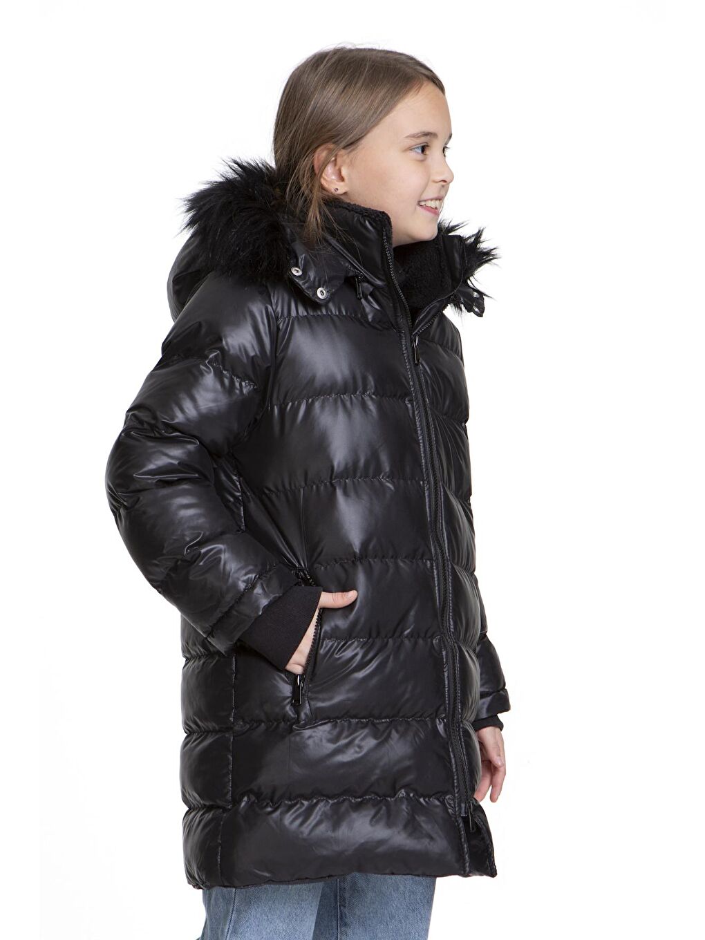 Siyah Kız Çocuk Kürklü Welsoftlu Peluş Trend Şişme Mont Ak2508-2