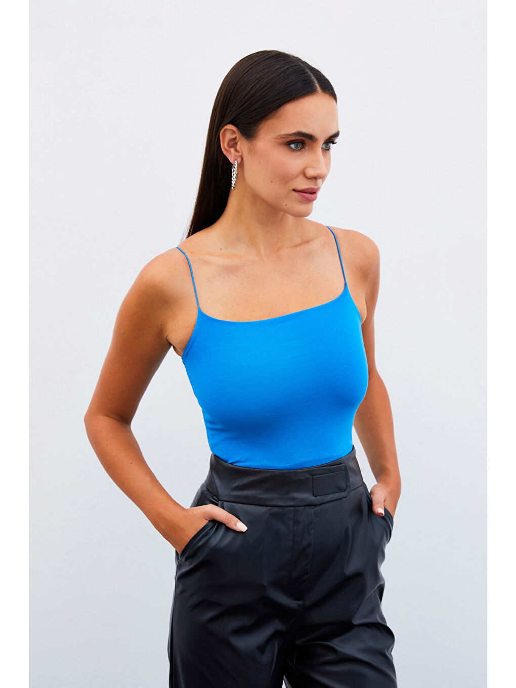 SATEEN İp Askılı Crop Bluz - Mavi - 1