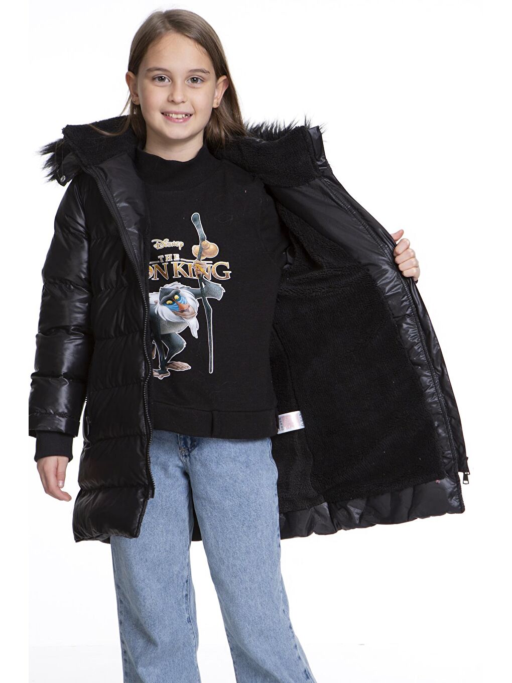 Siyah Kız Çocuk Kürklü Welsoftlu Peluş Trend Şişme Mont Ak2508-3