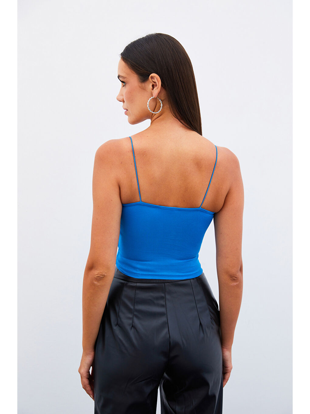 SATEEN İp Askılı Crop Bluz - Mavi - 2