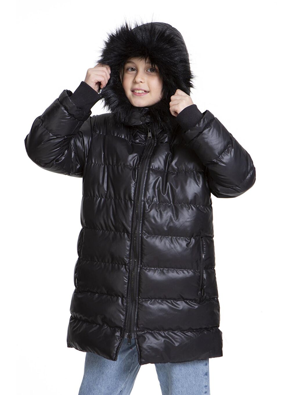 Siyah Kız Çocuk Kürklü Welsoftlu Peluş Trend Şişme Mont Ak2508-4