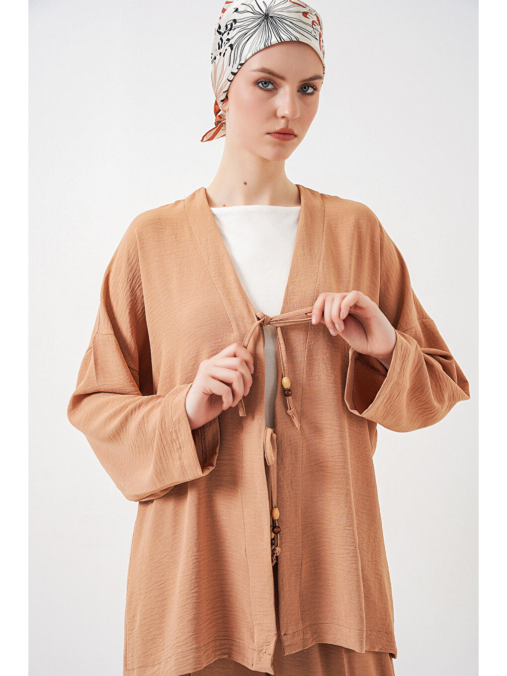 Bej Kadın Ayrobin Kimono Pantolon İkili Takım 6739 - Bisküvi-1