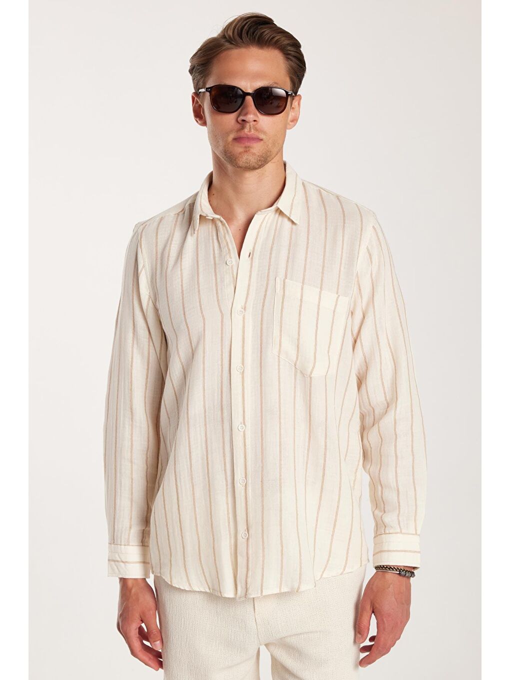 Karışık Regular Fit Keten Görünüm Pamuklu Çizgili Dökümlü Rahat Cepli Spor Gömlek-3