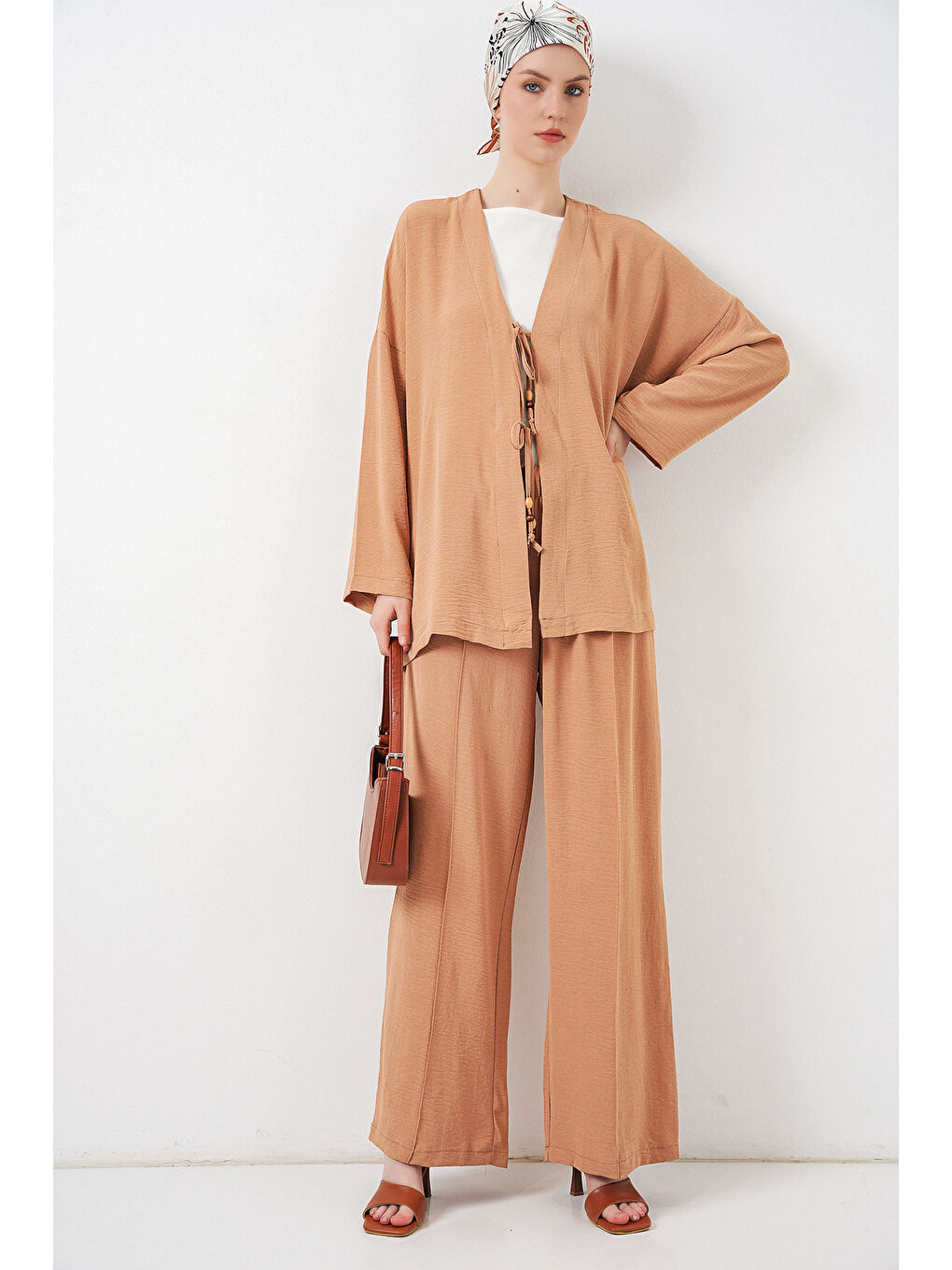Bej Kadın Ayrobin Kimono Pantolon İkili Takım 6739 - Bisküvi-2
