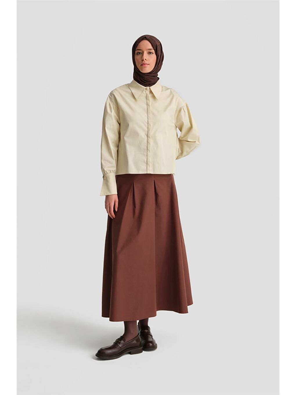 Bej Sivri Yakalı Floş Keten Gömlek 24K3602 Aytaşı-3