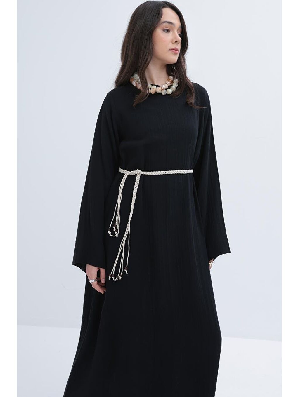 Siyah-Kuşaklı Basic Müslin Elbise-3