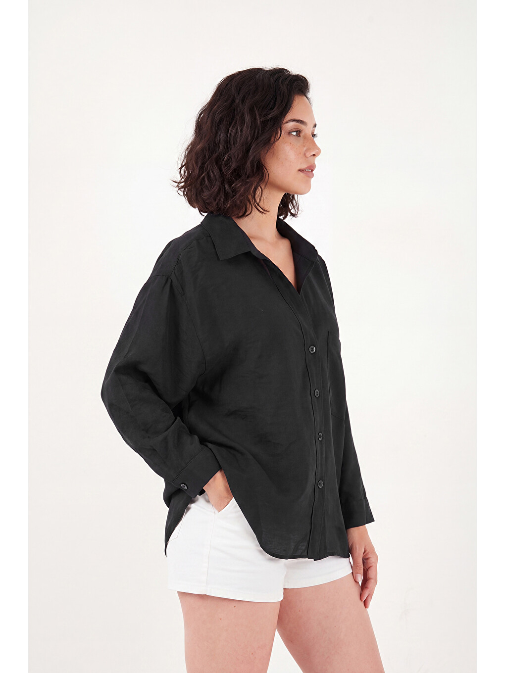 Siyah Modal Oversize Fit Uzun Kollu Kadın Gömlek 6834612-2