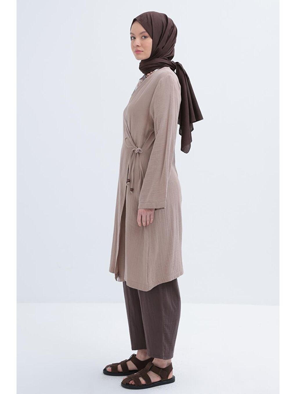 Bej Vizon-Belden Bağlamalı Müslin Kap-2