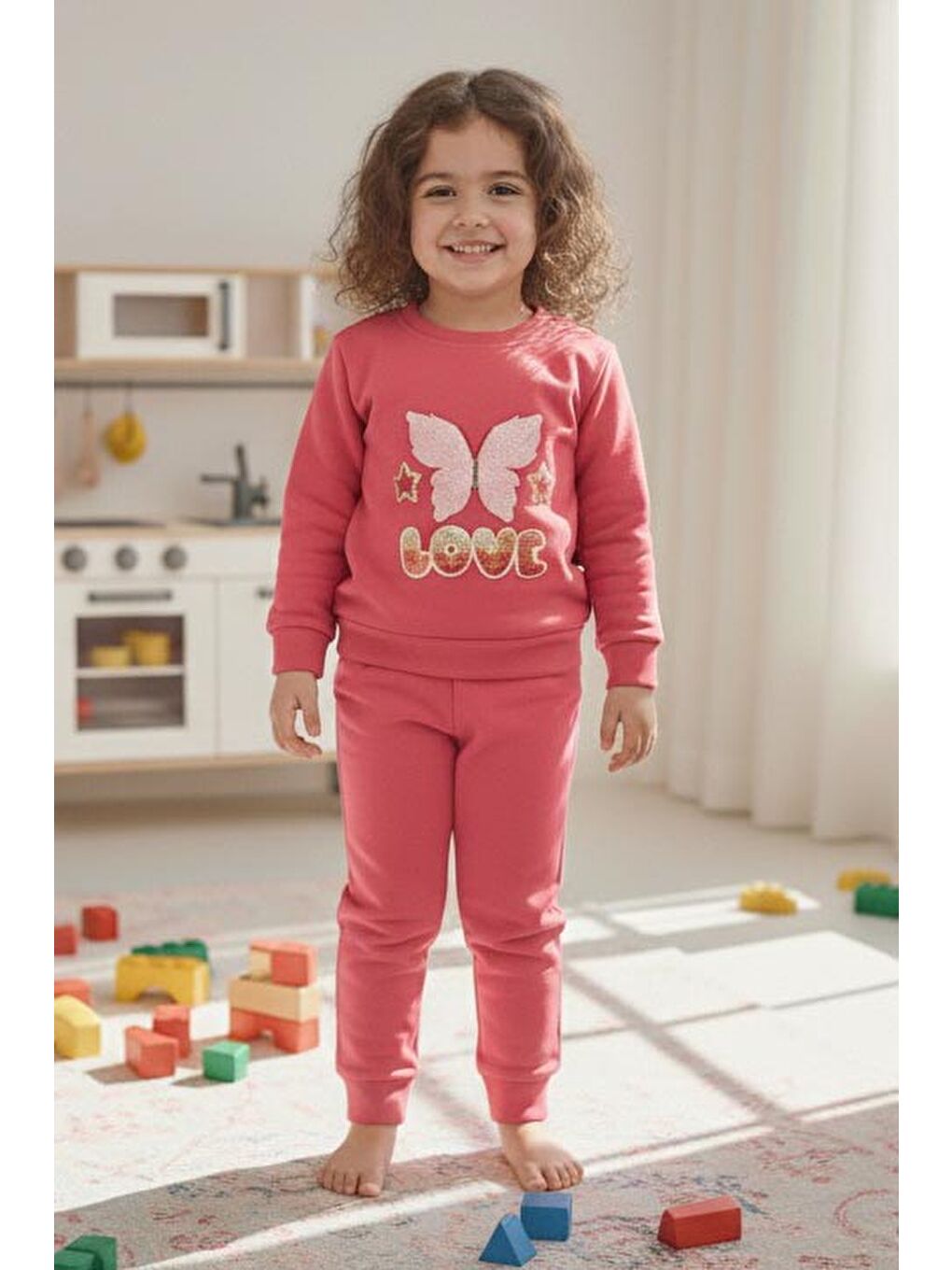 Kız Çocuk Mercan Nakışlı İki İplik İkili Takım - 27975-MERCAN