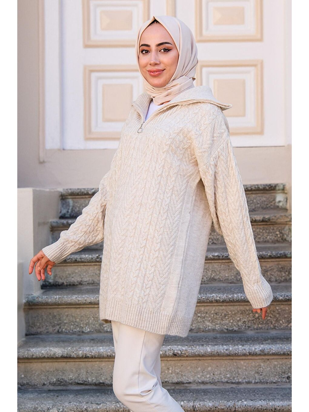 Ekru Kadın Fermuarlı Triko Kazak Krem-1