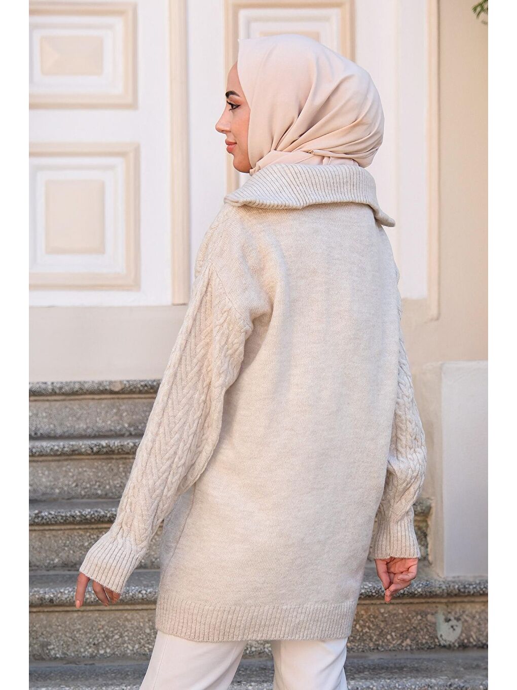 Ekru Kadın Fermuarlı Triko Kazak Krem-2