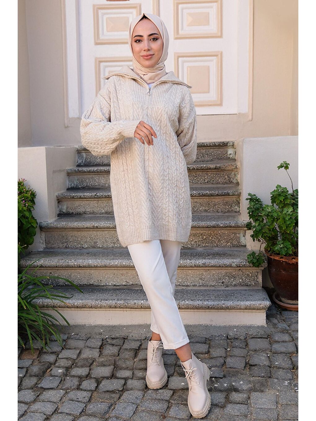 Ekru Kadın Fermuarlı Triko Kazak Krem-3